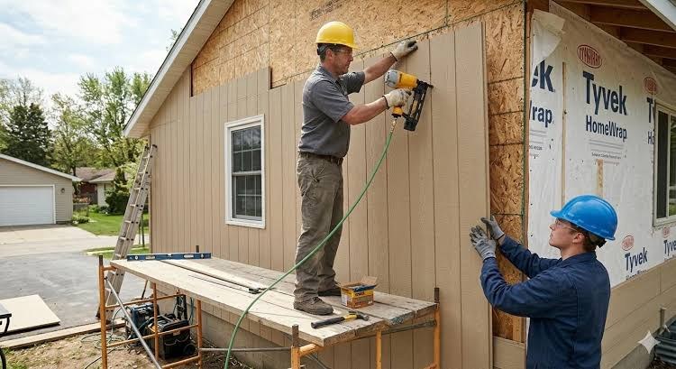 Crew installing new siding on a home